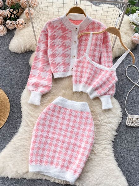 two piece dress singreiny fashion plaid knitted three pieces suits autumn button cardigan mini camis elastic short skirt women sweater sets, White
two piece dress singreiny fashion plaid knitted three pieces suits autumn button cardigan mini camis elastic short skirt women sweater sets, White