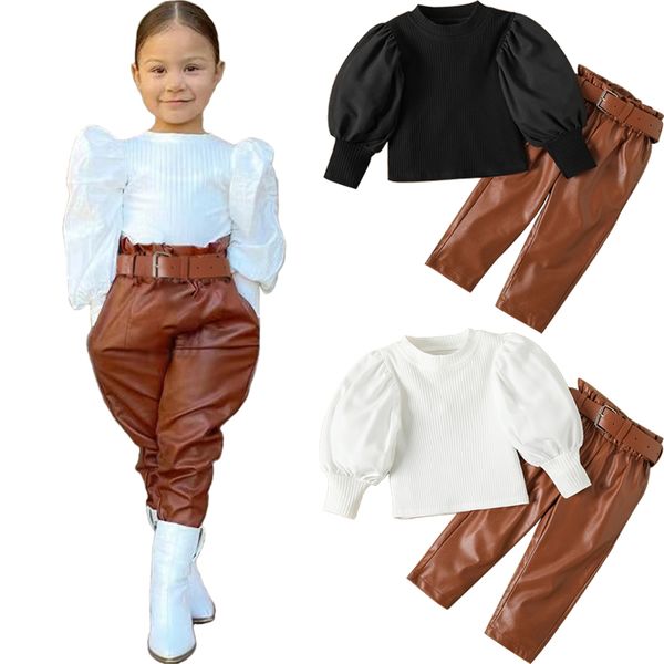 fashion two piece set girls clothes small and medium designer kids clothing puff sleeve pu belt waist leather pants sets, White
fashion two piece set girls clothes small and medium designer kids clothing puff sleeve pu belt waist leather pants sets, White