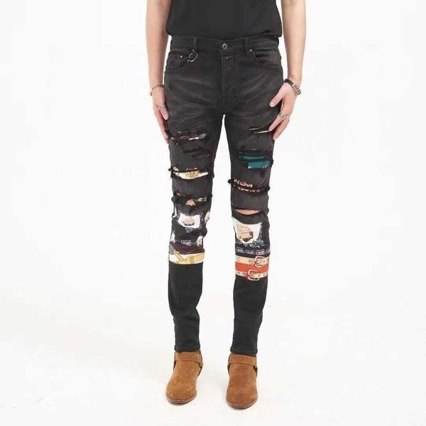jeans mens am1r1 trousers pants mirri ripped fashion designer brand new men's white embroidery patch elastic slim denim hip hop high 10, Blue
jeans mens am1r1 trousers pants mirri ripped fashion designer brand new men's white embroidery patch elastic slim denim hip hop high 10, Blue
