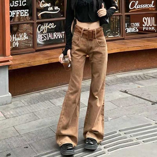 women's hip hop high waist brown vintage denim female long flared belt streetwear bell bottom woman l230316, Blue
women's hip hop high waist brown vintage denim female long flared belt streetwear bell bottom woman l230316, Blue
