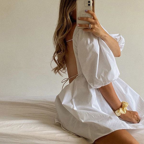 casual dresses backless lace up mini dresses boho white puff sleeve sweet dress chic women elegant lady for wedding party summer clothes 230, Black;gray
casual dresses backless lace up mini dresses boho white puff sleeve sweet dress chic women elegant lady for wedding party summer clothes 230, Black;gray