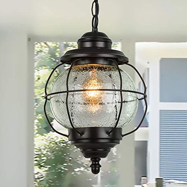 laluz outdoor pendant lights, farmhouse ceiling hanging porch fixture in black metal with clear bubbled glass globe in iron cage frame, exte
laluz outdoor pendant lights, farmhouse ceiling hanging porch fixture in black metal with clear bubbled glass globe in iron cage frame, exte
