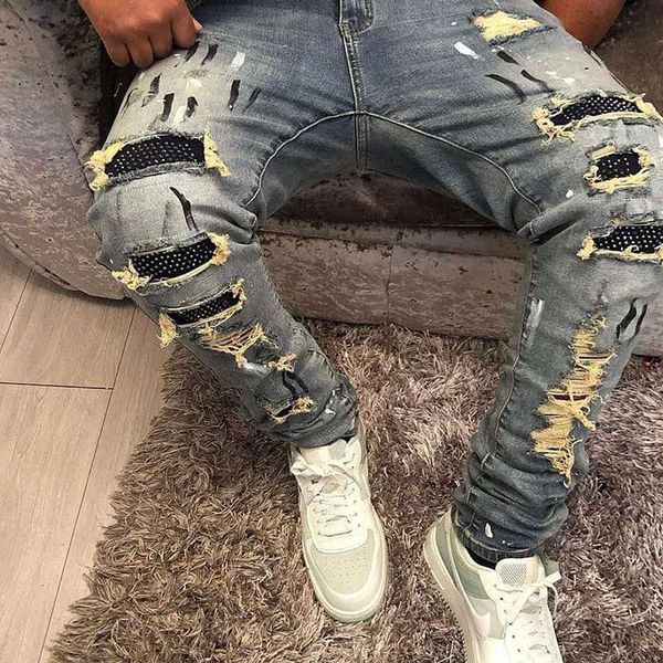 jeans mens am1r1 trousers pants mirri ripped fashion designer brand new men's white embroidery patch elastic slim denim hip hop high a0, Blue
jeans mens am1r1 trousers pants mirri ripped fashion designer brand new men's white embroidery patch elastic slim denim hip hop high a0, Blue