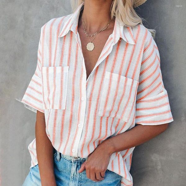 women's blouses summer women's european and american stripe polo fashion cardigan single breasted casual shirt women, White
women's blouses summer women's european and american stripe polo fashion cardigan single breasted casual shirt women, White