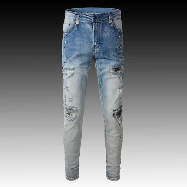 jeans mens am1r1 trousers pants mirri ripped fashion designer brand new men's white embroidery patch elastic slim denim hip hop high wf, Blue
jeans mens am1r1 trousers pants mirri ripped fashion designer brand new men's white embroidery patch elastic slim denim hip hop high wf, Blue