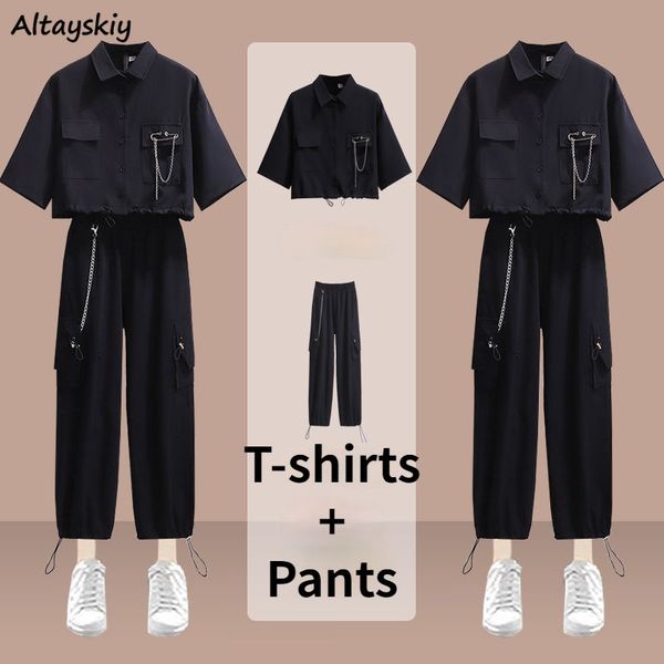 women s two piece pant sets turn down collar pockets crop short sleeve t shirts elastic waist chain tie feet cargo casual ulzzang chic 2303, White
women s two piece pant sets turn down collar pockets crop short sleeve t shirts elastic waist chain tie feet cargo casual ulzzang chic 2303, White