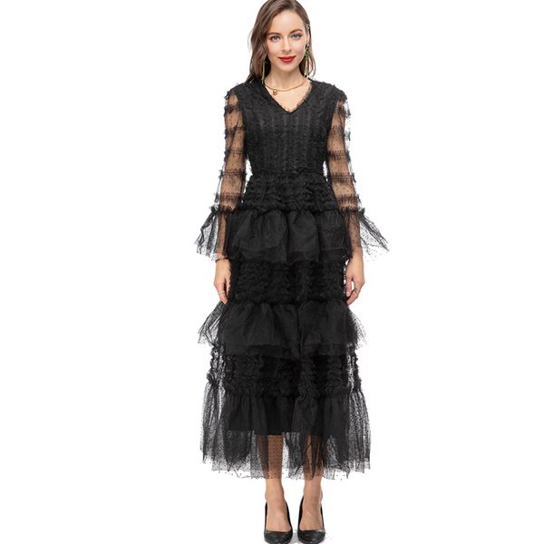 women's runway dresses v neck long sleevestiered ruffles fashion designer party prom gown vestidos, Black
women's runway dresses v neck long sleevestiered ruffles fashion designer party prom gown vestidos, Black