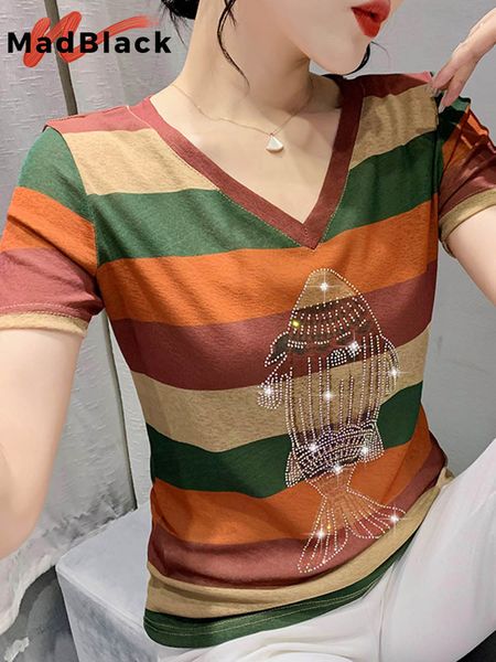 women's t-shirt madblack summer t-shirt chic v-neck striped letter print fish diamonds women short sleeve hand make tees t25009l 23031, White
women's t-shirt madblack summer t-shirt chic v-neck striped letter print fish diamonds women short sleeve hand make tees t25009l 23031, White