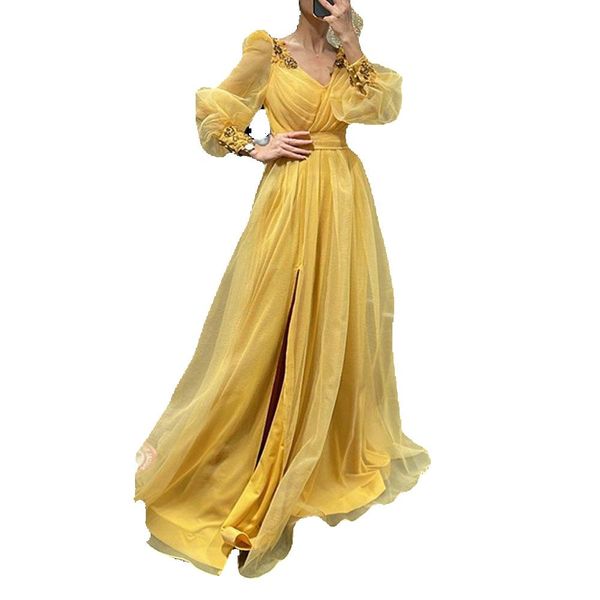 2023 long puff sleeves beading evening dresses yellow v neck a-line pleated side slit prom party gowns, Black
2023 long puff sleeves beading evening dresses yellow v neck a-line pleated side slit prom party gowns, Black