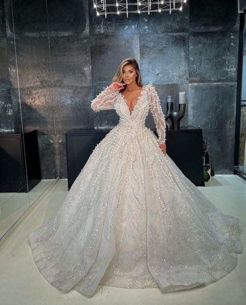 luxury ball gown wedding dresses long sleeves v neck sparkly sequins pearls appliques beaded ruffles zipper bridal gowns plus size custom ma, White
luxury ball gown wedding dresses long sleeves v neck sparkly sequins pearls appliques beaded ruffles zipper bridal gowns plus size custom ma, White