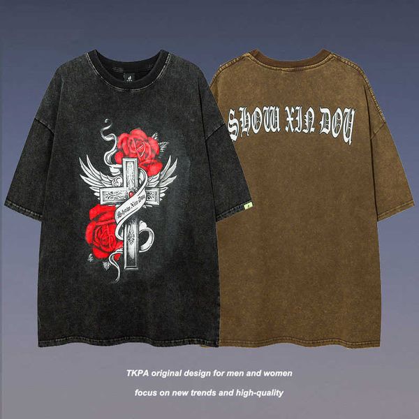 men's t-shirts tkpa high street gothic vintage rose wash made old short sleeve t-shirt men and women hip-hop trend, White;black
men's t-shirts tkpa high street gothic vintage rose wash made old short sleeve t-shirt men and women hip-hop trend, White;black