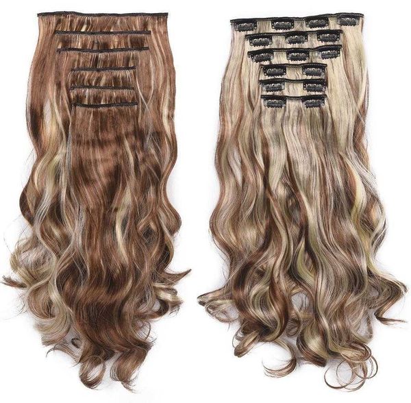 hairpiece clip 6 piece set 16 card long curly hair, Black;brown
