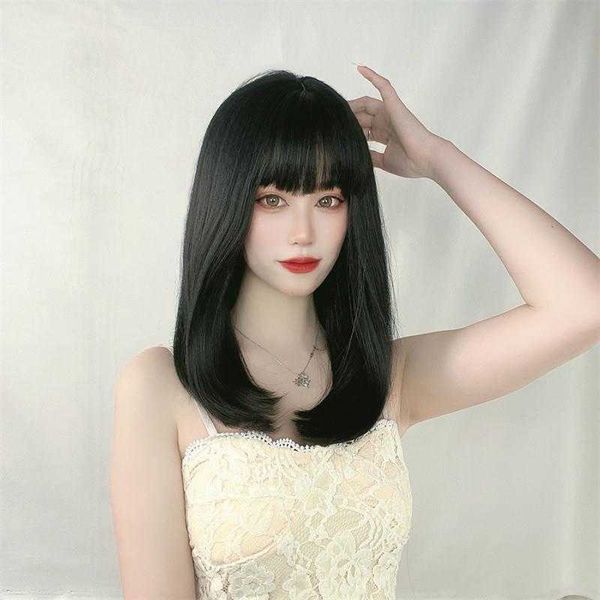 japanese and korean wig womens air bangs mid length straight hair rinka haircut, Black 
japanese and korean wig womens air bangs mid length straight hair rinka haircut, Black