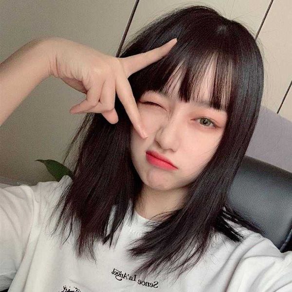 wig womens mid length hair air bangs shoulder collarbone straight inner buckle, Black
wig womens mid length hair air bangs shoulder collarbone straight inner buckle, Black
