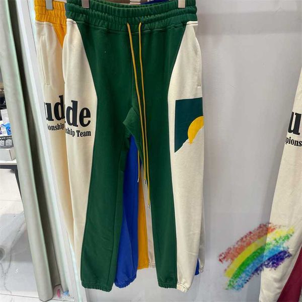 moonlight sunset rhude pants men women green patchwork rhude sweatpants trousers, Black