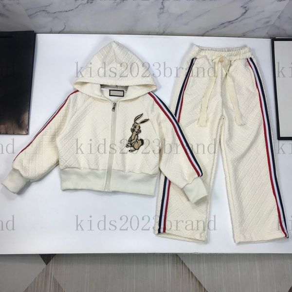 brand designer children clothing sets spring and autumn new rabbit hooded zipper suit embroidery long sleeve jackets with trousers kids spor, White