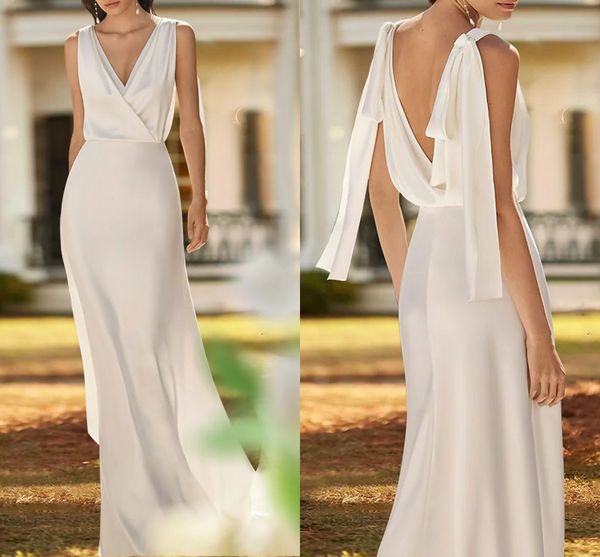 beach open back casual wedding dress 2023 sleeveless v neck satin bridal gowns with bow robe de mariage women custom made, White
beach open back casual wedding dress 2023 sleeveless v neck satin bridal gowns with bow robe de mariage women custom made, White