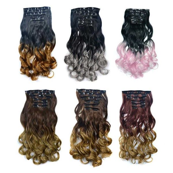 hairpiece clip 6 piece set roll long curly hair color gradient 16, Black;brown