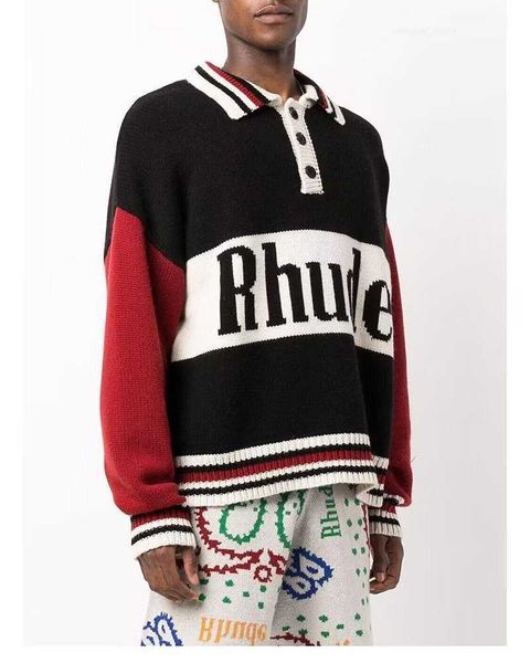 button half high collar rhude autumn winter men pullover jacquard knitted polo college sweater couple splice knitted, White;black
button half high collar rhude autumn winter men pullover jacquard knitted polo college sweater couple splice knitted, White;black
