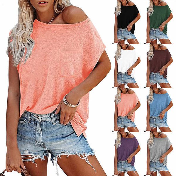 women's t-shirt 2021 summer new solid pocket off shoulder round short sleeve oato, White
women's t-shirt 2021 summer new solid pocket off shoulder round short sleeve oato, White