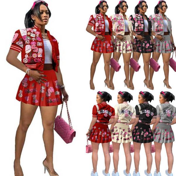designer tracksuits for womens basaball two piece dress fashion printed bomber jacket pleated skirt sets, Gray
designer tracksuits for womens basaball two piece dress fashion printed bomber jacket pleated skirt sets, Gray