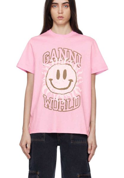 23ss ganni women designer t shirt pink smiling printing versatile round neck casual short-sleeved for women, White
23ss ganni women designer t shirt pink smiling printing versatile round neck casual short-sleeved for women, White