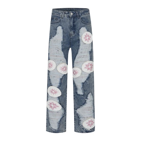 pants floral embroidery straight hole distressed jeans for men baggy casual cargos oversized denim trousers, Black;brown
pants floral embroidery straight hole distressed jeans for men baggy casual cargos oversized denim trousers, Black;brown