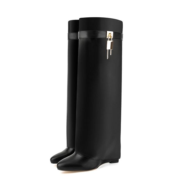 retro luxury knee women high heel boots shark lock decor women wedge heel boots pointed toe big size long boots platform boots, Black
retro luxury knee women high heel boots shark lock decor women wedge heel boots pointed toe big size long boots platform boots, Black