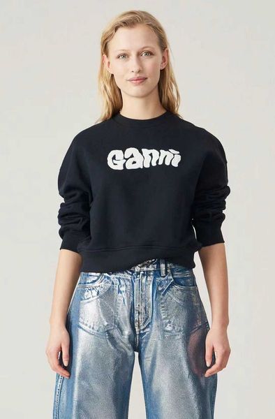 23ss ganni designer sweatshirt pullover jumper letter embroidered short loose casual for women, Black
23ss ganni designer sweatshirt pullover jumper letter embroidered short loose casual for women, Black