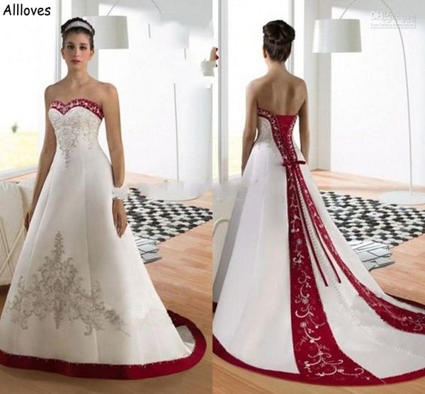 red and white embroidery a line wedding dresses sweetheart lace-up corset back lace beaded bridal gowns sweep train stain plus size vestidos
red and white embroidery a line wedding dresses sweetheart lace-up corset back lace beaded bridal gowns sweep train stain plus size vestidos