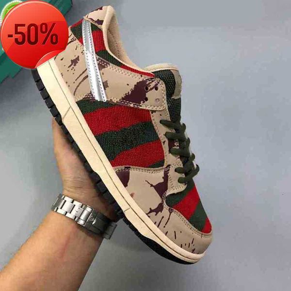 Image of Pro STAR Freddy Krueger panda low with boxes running shoes Degrees Mesh Green Men Women Running Shoes Cement Black Grey Red Fire