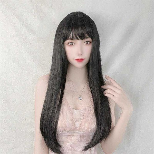 wig female long straight hair air bangs micro curly inner buckle temperament face, Black
wig female long straight hair air bangs micro curly inner buckle temperament face, Black