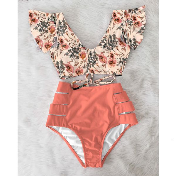 

swim wear high waist ruffled bikini set flounce biquini swimwear women two pieces swimsuit floral beachwear vneck bathing suit 230320