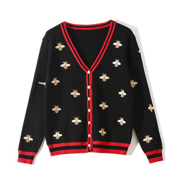 women's sweaters fashion designer bee embroidery cardigan long sleeve single contrast color button knitted sweaters, White;black
women's sweaters fashion designer bee embroidery cardigan long sleeve single contrast color button knitted sweaters, White;black