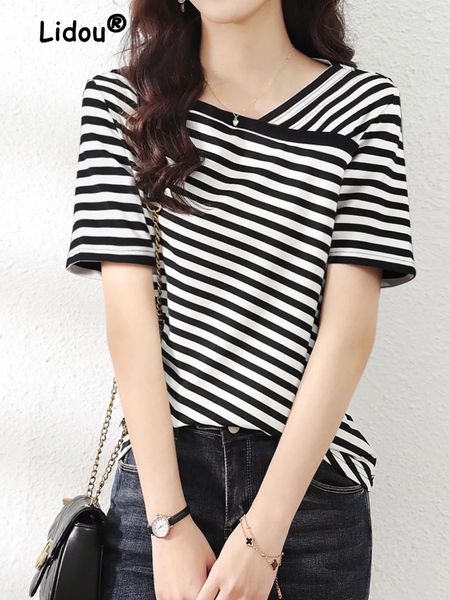 women's t-shirt summer comfortable breathable stripe women personality design short sleeve v-neck fashion all-match loose thin shirt 23, White
women's t-shirt summer comfortable breathable stripe women personality design short sleeve v-neck fashion all-match loose thin shirt 23, White