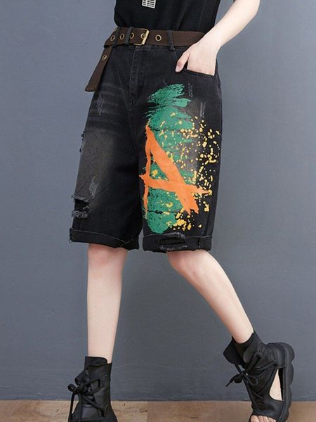 women's shorts straight summer streetwear women high waist knee length cotton denim pants vintage black print hole loose printed jeans, White;black
women's shorts straight summer streetwear women high waist knee length cotton denim pants vintage black print hole loose printed jeans, White;black