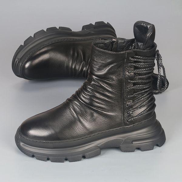 boots men's shoes high trend leather tooling thick sole british style motorcycle rider plus velvet warm ankle boots 230320, Black 
boots men's shoes high trend leather tooling thick sole british style motorcycle rider plus velvet warm ankle boots 230320, Black