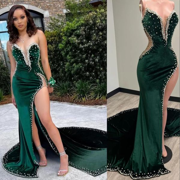 2023 prom dresses dark green mermaid crystal beaded plunging neck side split velvet rhinestones stunning gowns sweep train plus size formal, Black
2023 prom dresses dark green mermaid crystal beaded plunging neck side split velvet rhinestones stunning gowns sweep train plus size formal, Black