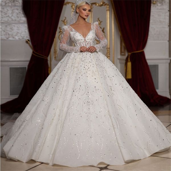 luxury ball gown wedding dresses v-neck transparent long sleeves shining applicants high waist lace court gown custom made bridal gown vesti, White
luxury ball gown wedding dresses v-neck transparent long sleeves shining applicants high waist lace court gown custom made bridal gown vesti, White