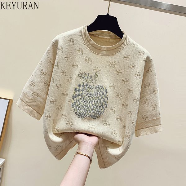 women's t-shirt yellow embroidery knitted t-shirt women summer short sleeve o neck knitwear tees casual loose t shirts for women 23032, White
women's t-shirt yellow embroidery knitted t-shirt women summer short sleeve o neck knitwear tees casual loose t shirts for women 23032, White