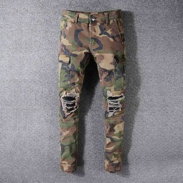536 high street fashion brand multi pocket jeans patch camouflage hole elastic slim fit hvt, Blue
536 high street fashion brand multi pocket jeans patch camouflage hole elastic slim fit hvt, Blue