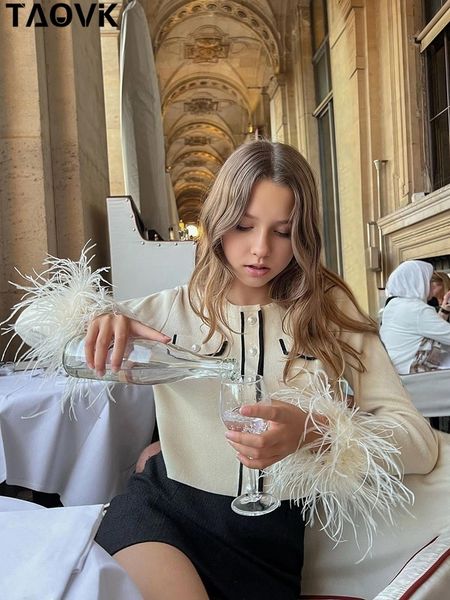 women's knits tees taovk fashion knitted sweaters the cuff ostrich feather short singlebreasted cardigan sweater 230320, White
women's knits tees taovk fashion knitted sweaters the cuff ostrich feather short singlebreasted cardigan sweater 230320, White