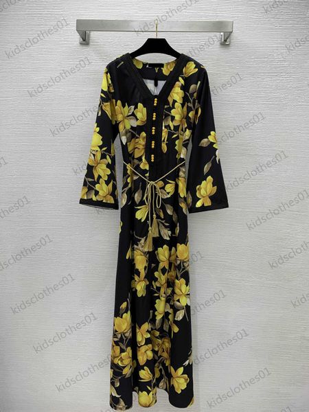 designer dress gold floral print custom button v-neck silhouette long sleeve dress fringed belt design european and american fashion large h, Black;gray
designer dress gold floral print custom button v-neck silhouette long sleeve dress fringed belt design european and american fashion large h, Black;gray