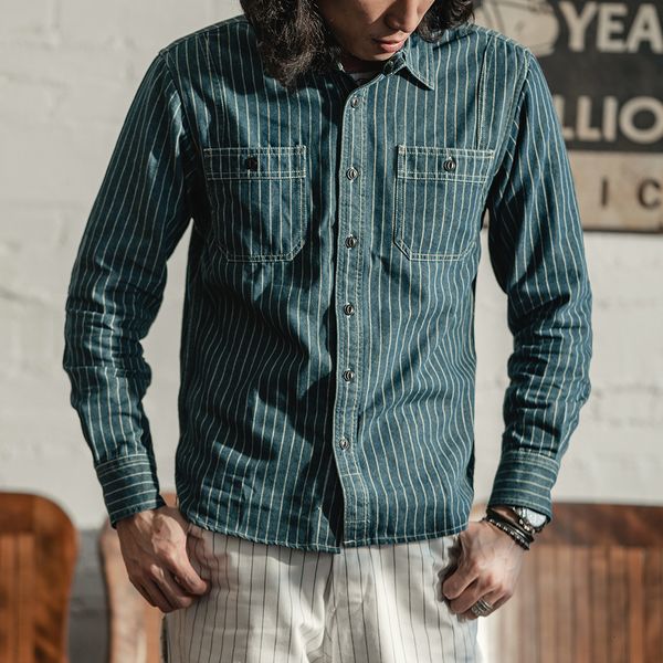 men's casual shirts out of stock 9 oz wabash cotton vent work shirt for men's casual retro street clothing denim striped indigo lo, White;black
men's casual shirts out of stock 9 oz wabash cotton vent work shirt for men's casual retro street clothing denim striped indigo lo, White;black