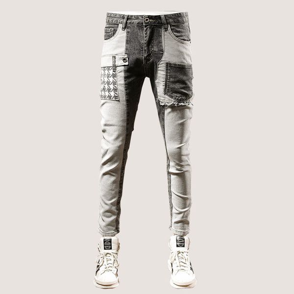 men's jeans streetwear fashion retro gray elastic slim fit spliced ripped plaid pockets designer hip hop pants hombre 230320, Blue
men's jeans streetwear fashion retro gray elastic slim fit spliced ripped plaid pockets designer hip hop pants hombre 230320, Blue