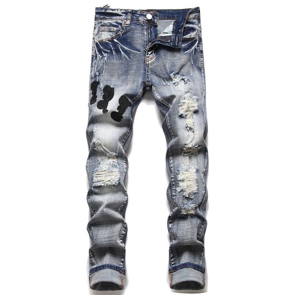 european and american men's jeans with holes and patches, trend, elastic slim leggings, versatile men's pants, pentagram, four sea, Blue
european and american men's jeans with holes and patches, trend, elastic slim leggings, versatile men's pants, pentagram, four sea, Blue