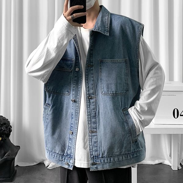 men's vests men denim vest sleeveless jacket casual fashion oversized classic blue gray waistcoat jean outerwear vintage korean coats, Black;white
men's vests men denim vest sleeveless jacket casual fashion oversized classic blue gray waistcoat jean outerwear vintage korean coats, Black;white