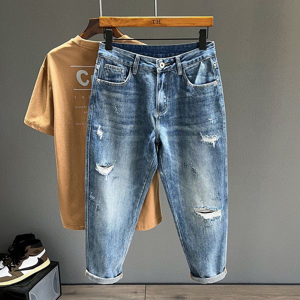 men's jeans hip hop men frayed slim little feet streetwear blue ankle length denim trousers male casual fashion retro cropped pants 230
men's jeans hip hop men frayed slim little feet streetwear blue ankle length denim trousers male casual fashion retro cropped pants 230