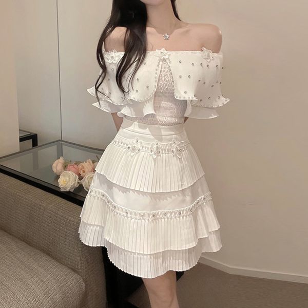 womens two piece pants white diamond sets women ruffle slash neck pleated skirts party elegant streetwear 2 summer 230320
womens two piece pants white diamond sets women ruffle slash neck pleated skirts party elegant streetwear 2 summer 230320