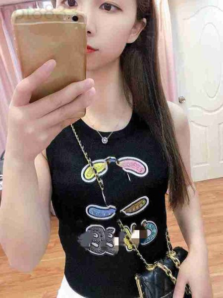 women's knits & tees designer 2023 summer new korean style nailed diamond letter jacquard sleeveless slim fit tank with strap wrap shor, White 
women's knits & tees designer 2023 summer new korean style nailed diamond letter jacquard sleeveless slim fit tank with strap wrap shor, White